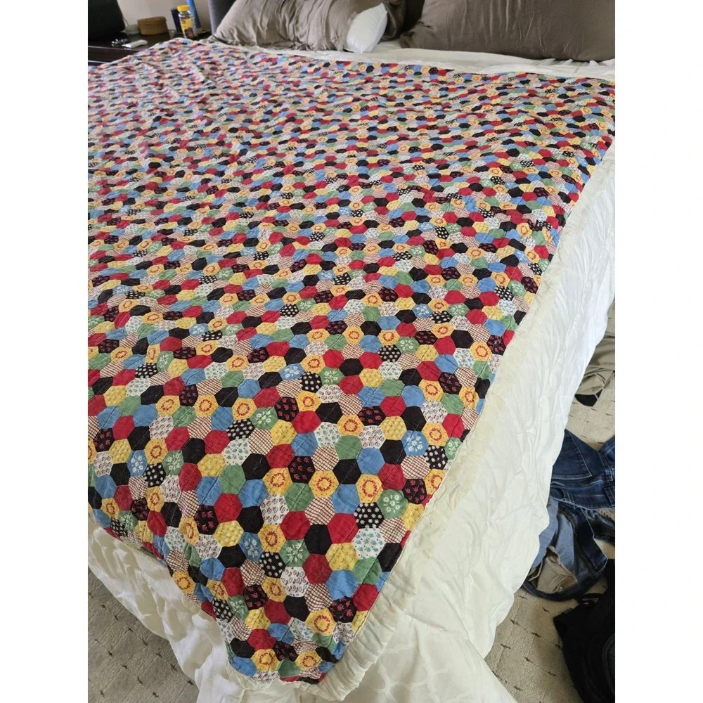 Vintage Quilt Hexagon Printed Pattern Multicolor 83x65